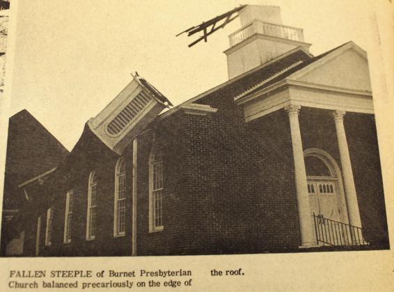 The Burnet Presbyterian Church steeple at 101 S. Pierce keeled over as a tornado ripped the city March 10, 1973. File photo