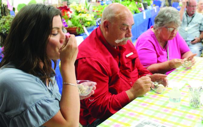 (From left) Judge Kailey Roberts, Dan Hensley, Kathy Lackey taste a sample of cinnamonapple cream presented by Maggie McDonald June 9 during the Burnet County Area Fair.