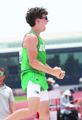 Brayden Hill roars with excitement after clearing 15’ at the UIL State Track Championships to earn a gold medal in 2023. The leap broke Hill’s own school record raising the bar to 15’.