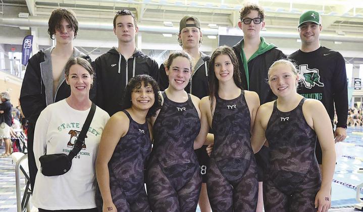 The Burnet swim program was represented by eight athletes at last week’s UIL 4A State Swim Meet in San Antonio. Pictured above with their coaches, back row, Jack Milliorn, Grant Roberts, Stellan Zollitsch, Levi Kleen, and Coach Nolan Gerfers. Front row Coach Ashley Lunford, Graciela Lara Duran, Brynlie Tappe, Caroline Lunsford, and Emma Collins. Photos by Wayne Craig/Clear Memories