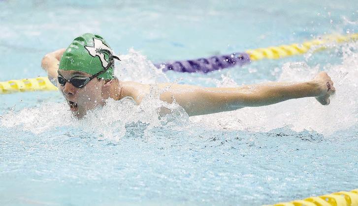 Bulldog swimmer, Grant Roberts slices through the water at the State meet in the boys 100 butterfly event.