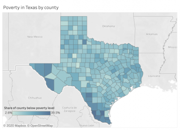 Contributed  The map shows the percentages of poverty level individuals in each county. The darker blue counties have a higher rate of poverty. Border counties trend more towards poverty than other Texas counties
