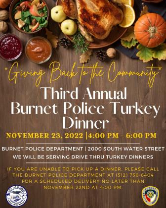 Families are welcome to drop by the police department headquarters at 2000 S. US 281 (Water Street) on Wednesday, November 23 from 4 p.m. to 6 p.m. to pick up a free Thanksgiving meal to-go.