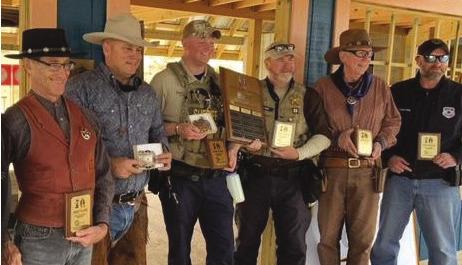 The winning lawmen team was Jim ‘Kit’ Carson; Capt. Steven Clark and Capt. Tom Dillard (center two holding the plaque), both of the Burnet County Sheriff’s Office; Richard Vogelpohl, aka: Skyhawk Hans; James Vogelpohl of the Houston Police Department. Second from left is top cowboy Robert Muehlstein, aka: Alamo Andy. Contributed photos