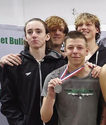 The boys 200 yard medley relay team qualified to compete at state. Those swimmers, pictured here, are Lucuiz Griego, Stellan Zollitsch, Mason Hughes, and Hayden Hamner.