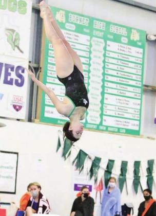 Lady Bulldog junior Zoe Nicholl represented Burnet well on Friday at the District 17-5A Diving Championships. Nicholl scored a 218.20 earning the overall district championship with her first place finish. The win qualifies her for the upcoming regional diving meet. Wayne Craig/Clear Memories