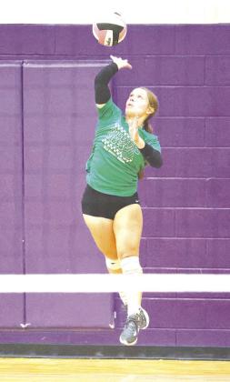 Reagan Shipley puts a jump serve in play on Wednesday in Marble Falls. The Lady Dawgs defeated Lampasas in two-straight sets.