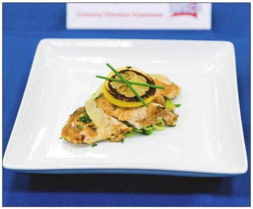 Artemis Creamy Chicken Francese includes a lemony, sauteed chicken parmesan-crusted cutlet, finished with a smooth, creamy, white wine sauce. The Space Dawgs paired it with zucchini noodles to create a great low-carb, filling meal for astronauts. Contributed/Sullivan University