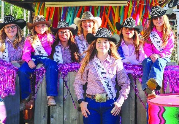 The Burnet County Rodeo Royalty Court arrived ready for duty to assist during the Hot Wheels race, shoe scramble and dance off Oct. 14, during the Demolition Derby in Burnet. Pictured, from left, are Zoe Ward, Emma McCurry, Harley Brady, Trinity Larned, Savanna Dean and Emily Morgan. Jade Simon is in front. Photos by Martelle Luedecke/Luedecke Photography