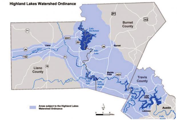 A map of Llano, Burnet and Travis counties shows, in blue, the area subject to the Lower Colorado River Authority’s Highland Lakes Watershed Ordinance. Approximately 52 percent of Burnet County falls within the Upper Highland Lakes watershed. Contributed/LCRA