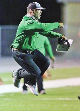 That feeling you get when they announce there will be a 2020 season! Pictured above head football coach Jerod Rye leaps with joy after a big play versus Fredericksburg. The early district win helped Burnet’s football team secure a playoff spot for the first time in years.