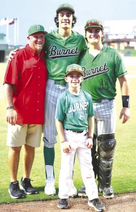 Burnet was well represented at Sunday night’s AABCA All Star baseball game. Pictured above Burnet head coach Russell Houston with Burnet all-star players Braden Ellett-Clark and Tanner O’Hair. Also pictured Bradyn Houston who did a great job as the North team’s bat boy.
