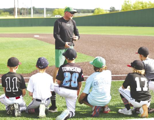Head Burnet baseball coach, Russell Houston, goes over some instructions with some of his campers at last week’s camp.