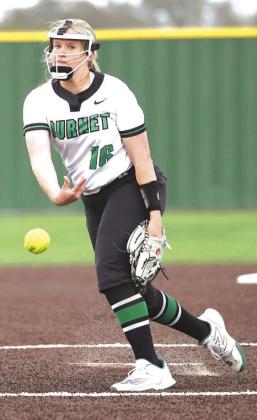 JV Lady Bulldog pitcher, Carlee Williams puts the ball in play last Tuesday night versus Canyon Lake. The JV Lady Dawgs have gotten off to a great 3-0 start to the season.