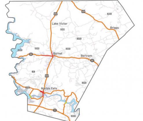 A Recommended Arterial Network for Burnet County shows two new bridge crossings over the Colorado River — one at Wirtz Dam and a second at The Narrows to connect Texas 71 to RM 1431 East. Contributed/CAMPO