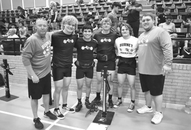 Burnet qualified four lifters to compete at Saturday’s regional meet in Gatesville and all four brought home medals for their efforts. Pictured above with their coaches, left to right, Coach Trevor Couch, Jack VanAarsten, Jose Rodriguez, Luke Hudgins, Brady Rygaard, and Coach Tyler McIntosh.