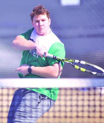 Burnet’s Cameron Stires partnered with Nick Dietrich to wins the boys’ doubles consolation bracket on Friday in Canyon Lake.