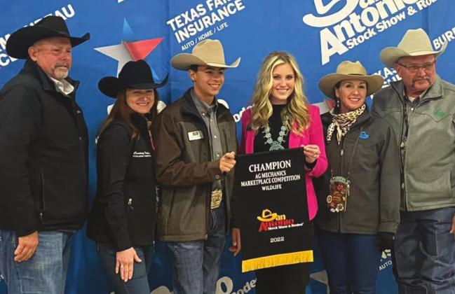 Bryce Atkinson and Kambell Stewart received accollades for their competition success at the recent San Antonio Stock Show and Rodeo, which ran Feb. 10 to 26. The duo, pictured in one of the images with stock show committee members, were awarded the overall Grand Champion Award for their Kuhl Haus Cooler and Processing Station. Contributed/Mikayla Herron