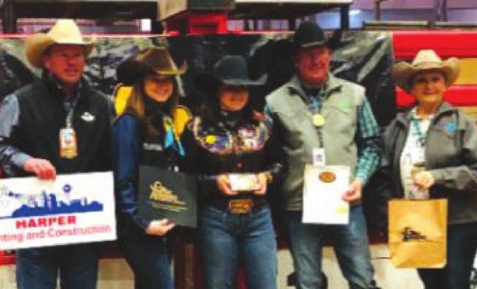 Riley Arrington proudly displays one of a scholarship sign along with her barrel racing horse, Gator, in Februrary in one image and poses with her winning belt buckle with some of the San Antonio Stock Show and Rodeo committee members.