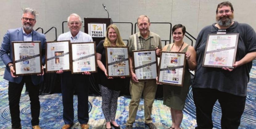 The Burnet Bulletin won the Sweepstakes Award for Division 9 in the 2019-20 Texas Better Newspaper Contest. Managing editor Lew K. Cohn, far right, accepted the award on behalf of the newspaper during the Texas Press Association annual convention and trade show in Denton on Saturday, June 12. Ken Cooke/Fredericksburg Standard Radio-Post