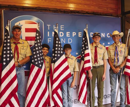 Marble Falls Boy Scout Troop #284 gathered to honor Fox Company 213 Cavalry during the Hero Walk at Canyon of the Eagles June 15. Pictured are: Tom Eppler, Jesse Wimberly, Reed Kanka, Fisher Kanka and Andrew Eppler. Photo by Martelle Luedecke/Luedecke Photography