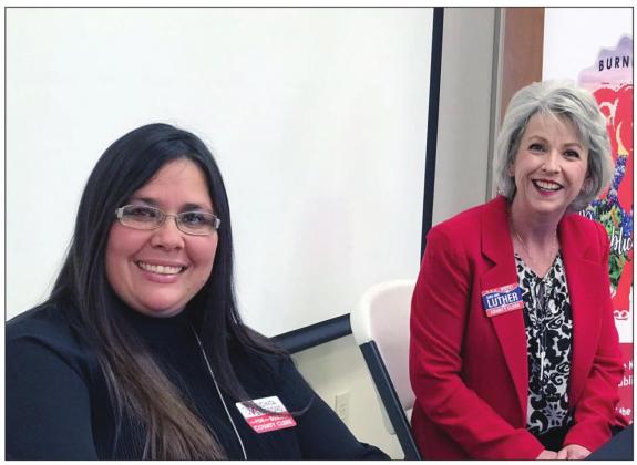 Contributed/ Mary Jane Avery County clerk Republican primary candidates, from left, Vicinta Stafford and Sara Ann Luther were invited to introduce themselves to more than 100 attendees at a forum Jan. 13 at the Reed Building in Burnet.