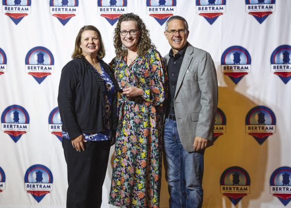 Lauren Busceme received the Teacher of the Year Award, presented by Bertram Elementary Principal Alicia Harris and BCISD Superintendent Keith McBurnett.