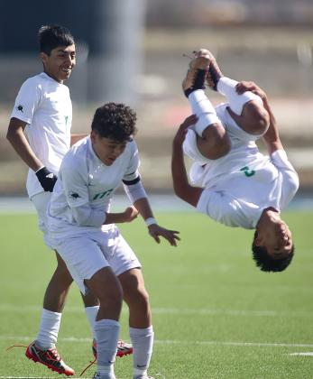 Flipping for a victory: After netting a goal versus Jarrell breaking a 0-0 match Burnet’s Cleto Leon does a flip in celebration. Burnet scored two second-half goals to secure the win.